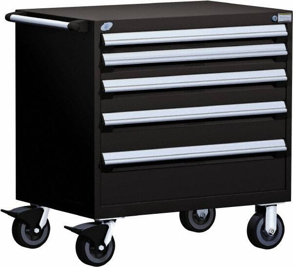 Rousseau Metal - 5 Drawer Steel Tool Roller Cabinet - 30" Wide x 37-1/2" High x 21" Deep, Ball Bearing Drawer Slides, Black - Exact Industrial Supply