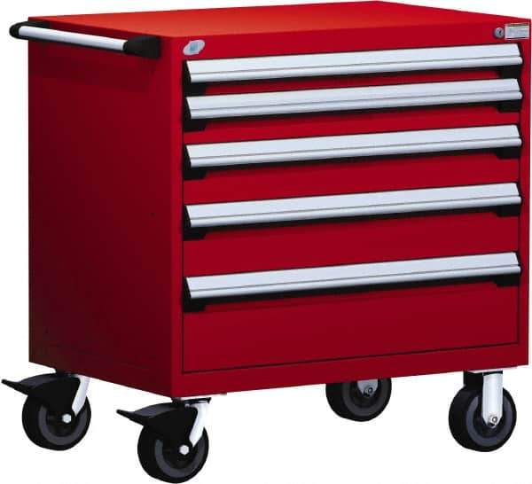 Rousseau Metal - 5 Drawer Steel Tool Roller Cabinet - 30" Wide x 37-1/2" High x 21" Deep, Ball Bearing Drawer Slides, Red - Exact Industrial Supply