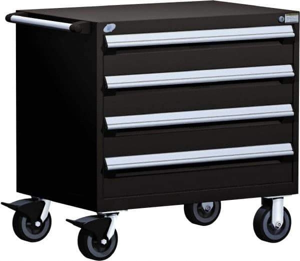 Rousseau Metal - 4 Drawer Steel Tool Roller Cabinet - 36" Wide x 35-1/8" High x 24" Deep, Ball Bearing Drawer Slides, Black - Exact Industrial Supply