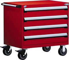 Rousseau Metal - 4 Drawer Steel Tool Roller Cabinet - 36" Wide x 35-1/8" High x 24" Deep, Ball Bearing Drawer Slides, Red - Exact Industrial Supply