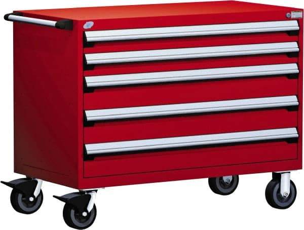 Rousseau Metal - 5 Drawer Steel Tool Roller Cabinet - 48" Wide x 37-1/2" High x 24" Deep, Ball Bearing Drawer Slides, Red - Exact Industrial Supply