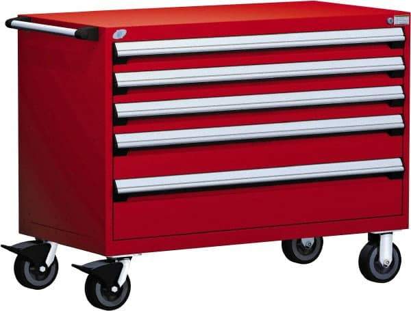 Rousseau Metal - 5 Drawer Steel Tool Roller Cabinet - 48" Wide x 37-1/2" High x 24" Deep, Ball Bearing Drawer Slides, Red - Exact Industrial Supply
