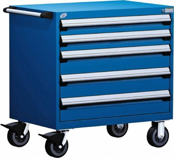 Rousseau Metal - 5 Drawer Steel Tool Roller Cabinet - 36" Wide x 37-1/2" High x 24" Deep, Ball Bearing Drawer Slides, Blue - Exact Industrial Supply