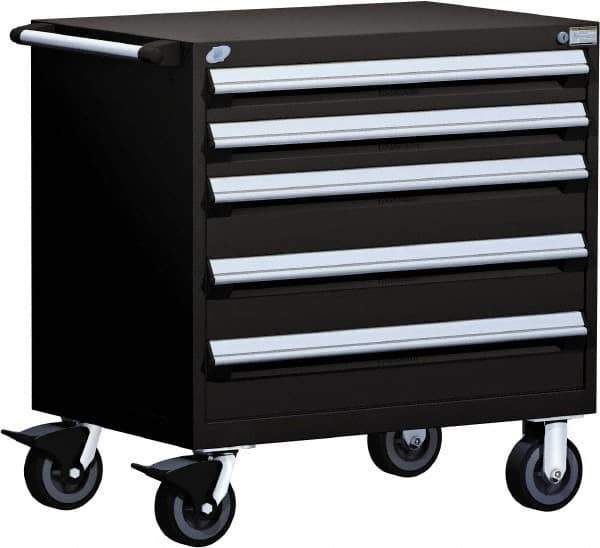 Rousseau Metal - 5 Drawer Steel Tool Roller Cabinet - 36" Wide x 37-1/2" High x 18" Deep, Ball Bearing Drawer Slides, Black - Exact Industrial Supply