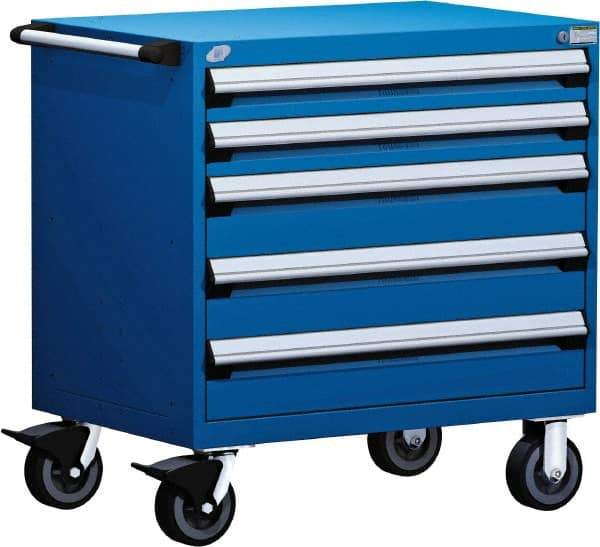 Rousseau Metal - 5 Drawer Steel Tool Roller Cabinet - 36" Wide x 37-1/2" High x 18" Deep, Ball Bearing Drawer Slides, Blue - Exact Industrial Supply