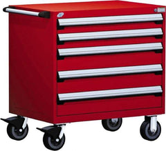 Rousseau Metal - 5 Drawer Steel Tool Roller Cabinet - 36" Wide x 37-1/2" High x 24" Deep, Ball Bearing Drawer Slides, Red - Exact Industrial Supply