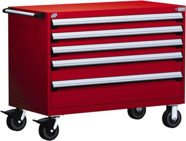 Rousseau Metal - 5 Drawer Steel Tool Roller Cabinet - 48" Wide x 37-1/2" High x 27" Deep, Ball Bearing Drawer Slides, Red - Exact Industrial Supply
