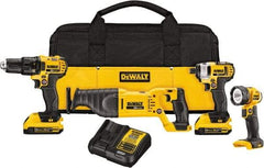 DeWALT - 20 Volt Cordless Tool Combination Kit - Includes 1/2" Drill/Driver, 1/4" Impact Driver, Reciprocating Saw & LED Worklight, Lithium-Ion Battery Included - Exact Industrial Supply