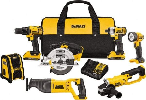 DeWALT - 20 Volt Cordless Tool Combination Kit - Includes 1/2" Compact Drill/Driver, 1/4" Impact Driver, Cut-off Tool/Grinder, Reciprocating Saw, 6-1/2 Circular Saw, LED Worklight & Bluetooth Speaker, Lithium-Ion Battery Included - Exact Industrial Supply