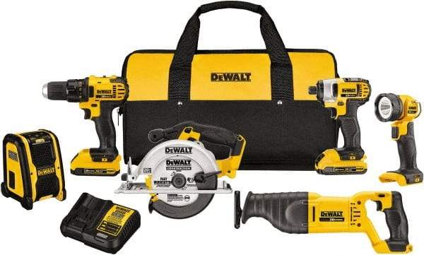 DeWALT - 20 Volt Cordless Tool Combination Kit - Includes 1/2" Compact Drill/Driver, 1/4" Impact Driver, Reciprocating Saw, 6-1/2 Circular Saw, LED Worklight & Bluetooth Speaker, Lithium-Ion Battery Included - Exact Industrial Supply