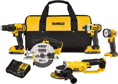 DeWALT - 20 Volt Cordless Tool Combination Kit - Includes 1/2" Compact Drill/Driver, 1/4" Impact Driver, Cut-off Tool/Grinder, 6-1/2 Circular Saw & LED Worklight, Lithium-Ion Battery Included - Exact Industrial Supply