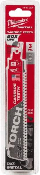 Milwaukee Tool - 6" Long x 1" Thick, Carbide Reciprocating Saw Blade - Straight Profile, 7 TPI, Toothed Edge, Universal Shank - Exact Industrial Supply