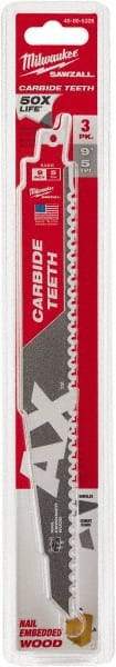 Milwaukee Tool - 9" Long x 1" Thick, Carbide Reciprocating Saw Blade - Tapered Profile, 6 TPI, Toothed Edge, Universal Shank - Exact Industrial Supply