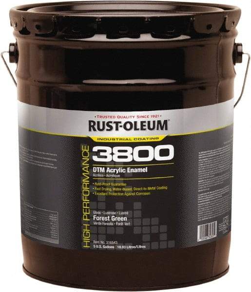 Rust-Oleum - 5 Gal Forest Green Gloss Finish Acrylic Enamel Paint - 150 to 270 Sq Ft per Gal, Interior/Exterior, Direct to Metal - Exact Industrial Supply