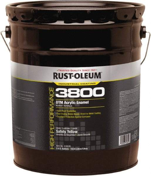 Rust-Oleum - 5 Gal Safety Yellow Gloss Finish Acrylic Enamel Paint - 150 to 270 Sq Ft per Gal, Interior/Exterior, Direct to Metal - Exact Industrial Supply