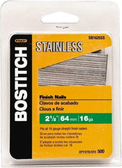 Stanley Bostitch - 16 Gauge 1/16" Shank Diam 2-1/2" Long Finishing Nails for Power Nailers - Stainless Steel, Smooth Shank, Straight Stick Adhesive Collation, Round Head, Chisel Point - Exact Industrial Supply