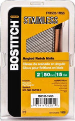 Stanley Bostitch - 15 Gauge 0.07" Shank Diam 1-1/2" Long Finishing Nails for Power Nailers - Stainless Steel, Smooth Shank, Angled Stick Adhesive Collation, Round Head, Chisel Point - Exact Industrial Supply