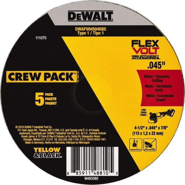 DeWALT - 4-1/2" Ceramic Cutoff Wheel - 0.045" Thick, 7/8" Arbor, 13,300 Max RPM, Use with Portable Tools - Exact Industrial Supply