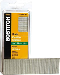 Stanley Bostitch - 18 Gauge 0.05" Shank Diam 1-3/8" Long Brad Nails for Power Nailers - Steel, Bright Finish, Ring Shank, Straight Stick Adhesive Collation, Brad Head, Chisel Point - Exact Industrial Supply