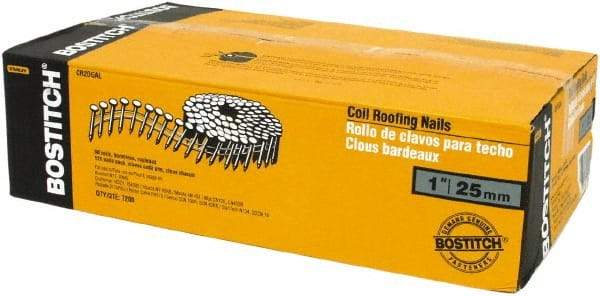 Stanley Bostitch - 13 Gauge 1" Long Roofing Nails for Power Nailers - Steel, Galvanized Finish, Smooth Shank, Coil Wire Collation, Round Head, Diamond Point - Exact Industrial Supply