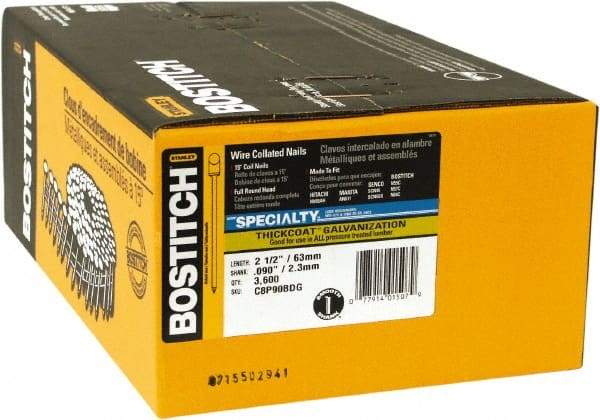 Stanley Bostitch - 13 Gauge 2-1/2" Long Siding Nails for Power Nailers - Steel, Galvanized Finish, Smooth Shank, Coil Wire Collation, Round Head, Blunt Diamond Point - Exact Industrial Supply