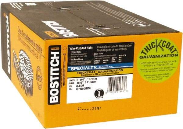 Stanley Bostitch - 13 Gauge 2-3/16" Long Siding Nails for Power Nailers - Steel, Galvanized Finish, Ring Shank, Coil Wire Collation, Round Head, Blunt Diamond Point - Exact Industrial Supply