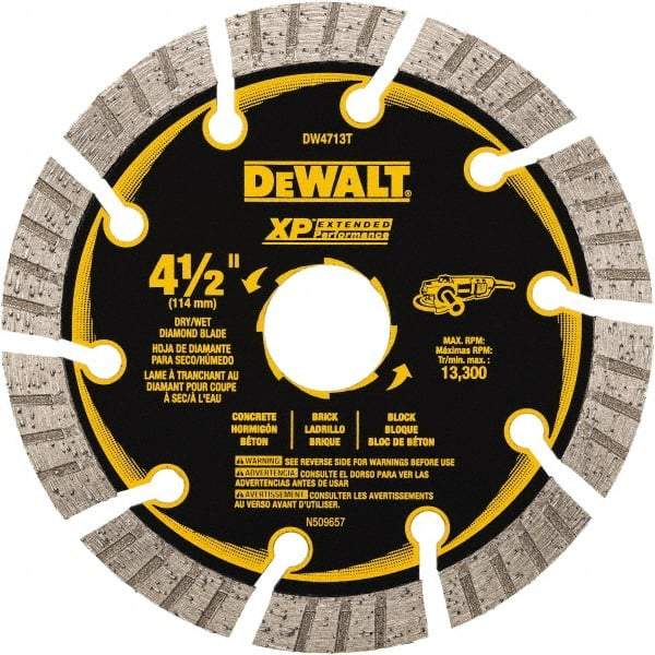 DeWALT - 4-1/2" Diam, 5/8" Arbor Hole Diam, 10 Tooth Wet & Dry Cut Saw Blade - Diamond Matrix, Fast Cutting Action, Standard Round Arbor - Exact Industrial Supply