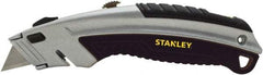 Stanley - Retractable Utility Knife - 2-7/16" Blade, Silver & Black Cast Metal Handle, 3 Blades Included - Exact Industrial Supply