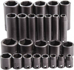 Proto - 25 Piece 3/8" Drive Full Polish Finish Deep Well Impact Socket Set - 6 Points, 1" to 1" Range, Inch Measurement Standard - Exact Industrial Supply