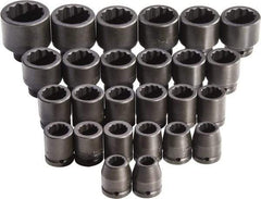 Proto - 26 Piece 3/4" Drive Full Polish Finish Impact Socket Set - 12 Points, 17mm to 50mm Range, Metric Measurement Standard - Exact Industrial Supply