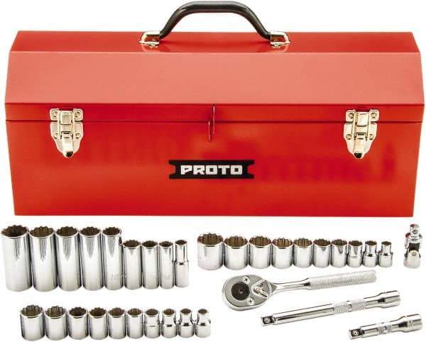 Proto - 34 Piece 3/8" Drive Chrome Finish Deep Well Socket Set - 12 Points, 5/16" (8mm to 19mm) Range, Inch/Metric Measurement Standard - Exact Industrial Supply