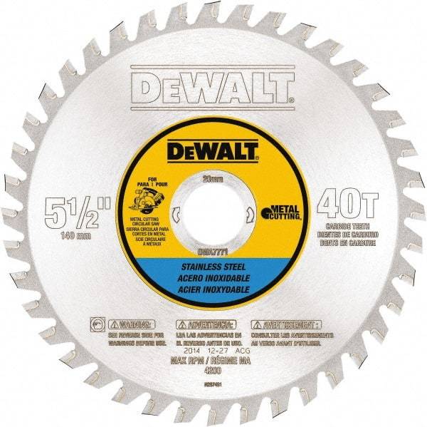 DeWALT - 5-1/2" Diam, 25/32" Arbor Hole Diam, 40 Tooth Wet & Dry Cut Saw Blade - Steel, Crosscutting Action, Standard Round Arbor - Exact Industrial Supply