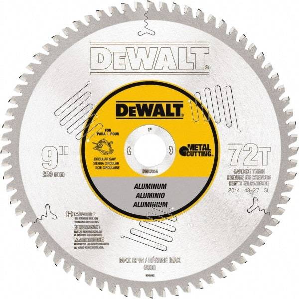 DeWALT - 9" Diam, 1" Arbor Hole Diam, 72 Tooth Wet & Dry Cut Saw Blade - Steel, Crosscutting Action, Standard Round Arbor - Exact Industrial Supply