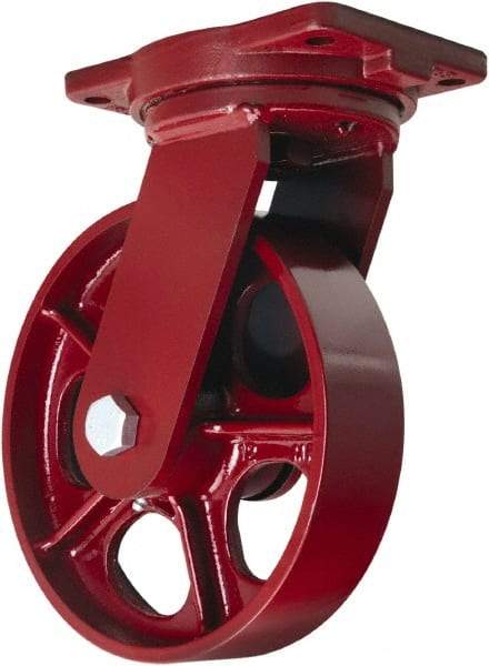Hamilton - 10" Diam x 2-1/2" Wide x 12-1/2" OAH Top Plate Mount Swivel Caster - Cast Iron, 2,500 Lb Capacity, Straight Roller Bearing, 6-1/8 x 7-1/2" Plate - Exact Industrial Supply