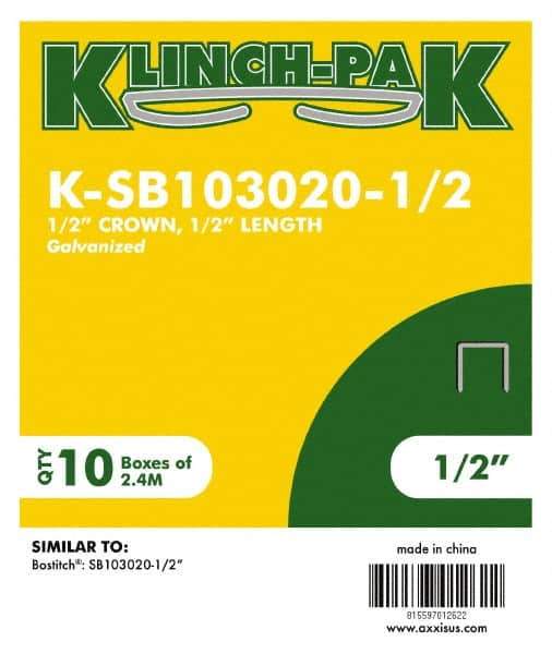 Klinch-Pak - 1/2" Long x 1/2" Wide, 0 Gauge Narrow Crown Construction Staple - Steel, Galvanized Finish, Chisel Point - Exact Industrial Supply