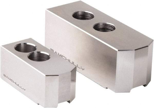 Samchully - 800mm Max Chuck Capacity, 3mm x 60° Serrated Interface, Square Soft Lathe Chuck Jaw - 3 Jaw, Steel, 38.1mm Btw Mount Hole Ctrs, 185mm Long, 75mm Wide, 75mm High, 25.5mm Groove, M20mm Fastener - Exact Industrial Supply