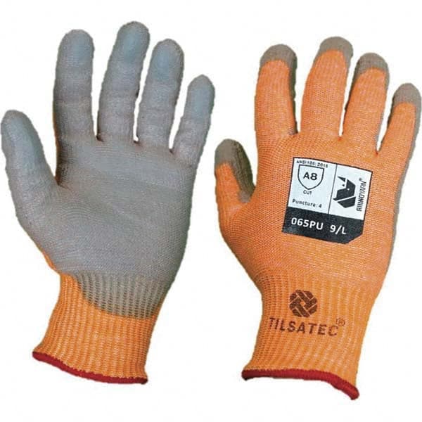 Cut, Puncture & Abrasive-Resistant Gloves: Size XL, ANSI Cut A8, ANSI Puncture 4, Polyurethane, Polyethylene Orange, Palm & Fingertips Coated, Single Dipped Grip, ANSI Abrasion 4