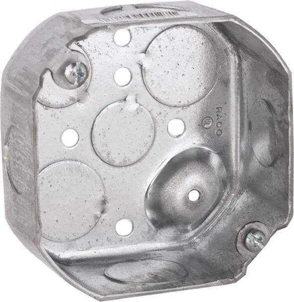 Hubbell-Raco - 0 Gang, (9) 1/2" Knockouts, Steel Octagon Outlet Box - 4" Overall Height x 4" Overall Width x 1-9/16" Overall Depth - Exact Industrial Supply