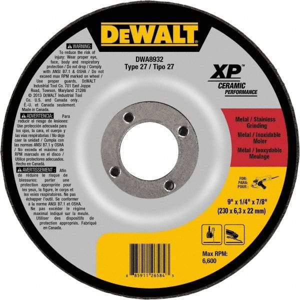 DeWALT - 24 Grit, 9" Wheel Diam, 7/8" Arbor Hole, Type 27 Depressed Center Wheel - Coarse/Medium Grade, Ceramic, N Hardness, 6,600 Max RPM - Exact Industrial Supply
