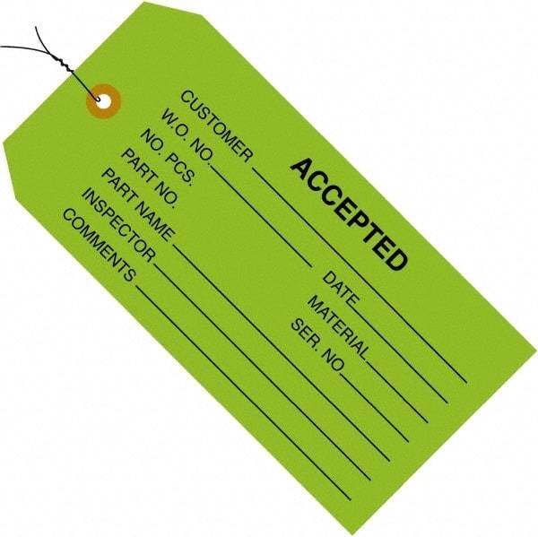 Made in USA - 4-3/4" High x 2-3/8" Long, ACCEPTED, English Safety & Facility Inspection Tag - Green Cardstock - Exact Industrial Supply