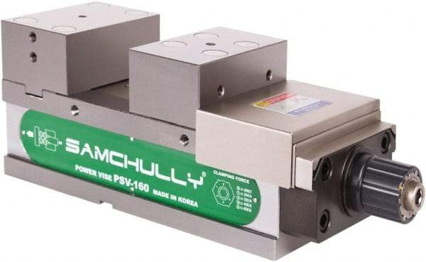 Samchully - 160mm Jaw Width, 160mm Jaw Opening Capacity, Horizontal Stationary Machine Vise - Manual Operation, 1 Station, 455.5mm Long x 58.4mm Deep, 60mm Jaw Height, Alloy Steel - Exact Industrial Supply