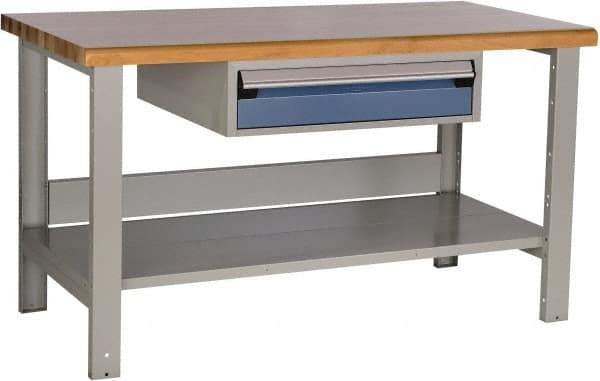 Rousseau Metal - 1 Drawer, 2 Shelf Workstation - 2,750 Lb Capacity, Wood Top, Everest Blue, 48" Wide x 34" High x 30" Long - Exact Industrial Supply