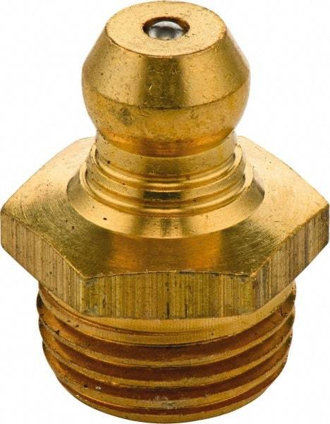 Umeta - Straight Head Angle, M8x1.25 Metric Brass Standard Grease Fitting - 9mm Hex, 15mm Overall Height, 5.5mm Shank Length - Exact Industrial Supply