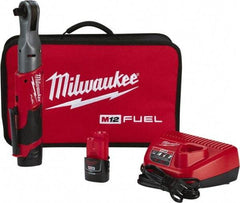 Milwaukee Tool - 1/2" Drive 12 Volt Pistol Grip Cordless Impact Wrench & Ratchet - 175 RPM, 60 Ft/Lb Torque, 2 Lithium-Ion Batteries Included - Exact Industrial Supply