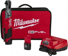 Milwaukee Tool - 3/8" Drive 12 Volt Pistol Grip Cordless Impact Wrench & Ratchet - 200 RPM, 55 Ft/Lb Torque, 2 Lithium-Ion Batteries Included - Exact Industrial Supply