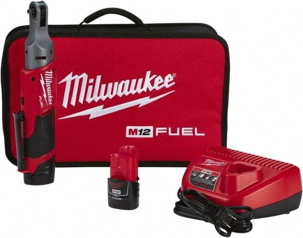 Milwaukee Tool - 1/4" Drive 12 Volt Pistol Grip Cordless Impact Wrench & Ratchet - 250 RPM, 40 Ft/Lb Torque, 2 Lithium-Ion Batteries Included - Exact Industrial Supply