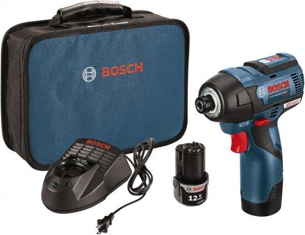 Bosch - 12 Volt, 1/4" Drive, 975 In/Lb Torque, Cordless Impact Driver - 2600 RPM, 2 Lithium-Ion Batteries Included - Exact Industrial Supply