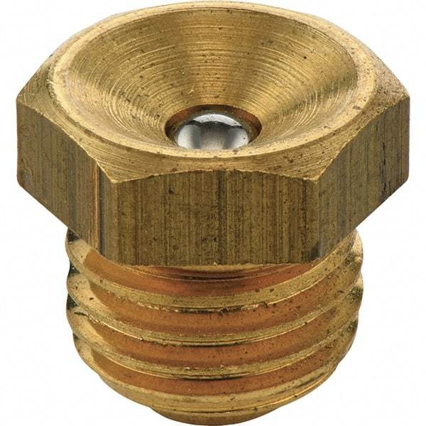 Umeta - Straight Head Angle, M10 Metric Brass Flush-Style Grease Fitting - 12mm Hex, 9.5mm Overall Height, 6.5mm Shank Length - Exact Industrial Supply
