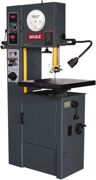 Dake - 15-1/2" Throat Capacity, Variable Speed Pulley Vertical Bandsaw - 25 to 1,200 SFPM, 2 hp, Three Phase - Exact Industrial Supply