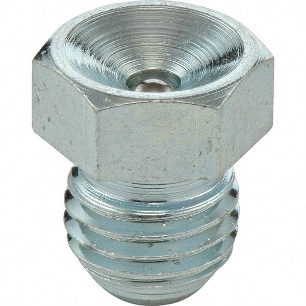 Umeta - Straight Head Angle, M8 Metric Steel Flush-Style Grease Fitting - 9mm Hex, 9.5mm Overall Height, 6.5mm Shank Length, Zinc Plated Finish - Exact Industrial Supply